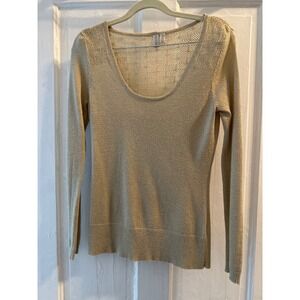 Retro Vibes Gold  Metallic Knit Long Sleeve Scoop Neck Sweater Top Size